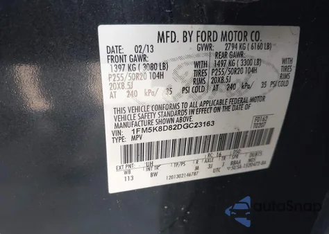 2013 Ford Explorer Xlt из США, поврежденный, VIN 1FM5K8D82DGC23163